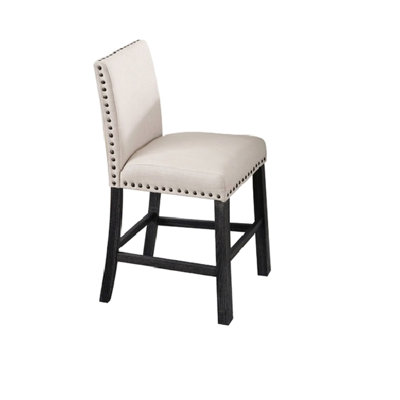 Counter Dining Chair Of 2, Nailhead Trim, Antique Gray Wood Legs, Back, Natural Linen Blend Fabric, Rectangular Shape, And Transitional Style For Room, Foam Filler, Simple Assembly Required 2 Stools