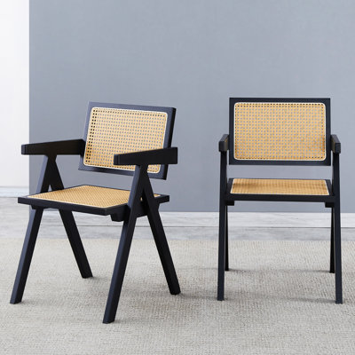 2 Armrest Dining Chairs, Black Rubber Wood & Weaving, Retro Elegance For Living Room, Comfortable Chairs In Black, Solid With Beautiful Room