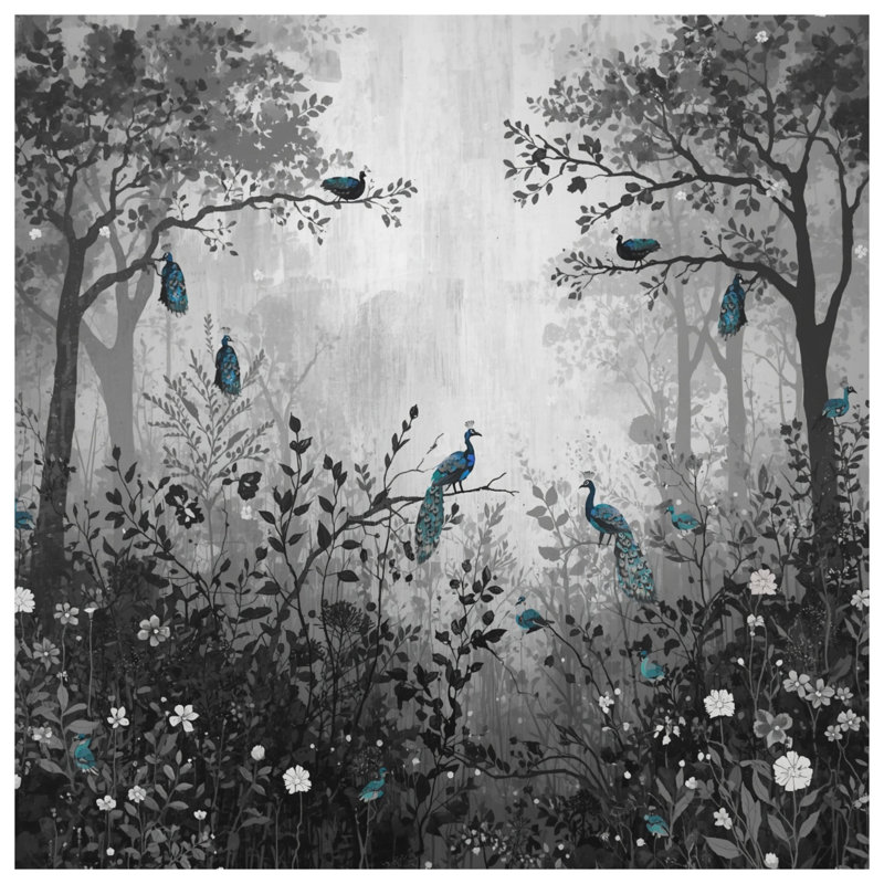 Tapisserie «Peacocks In Forest» - Décoration murale oiseaux, H 50 po x l 60 po avec 4 œillets