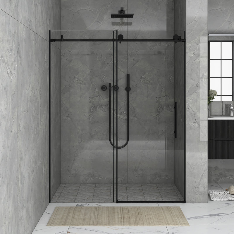 56 To 60 In. W X 76 In. H Single Sliding Frameless Shower Door, Matte Black