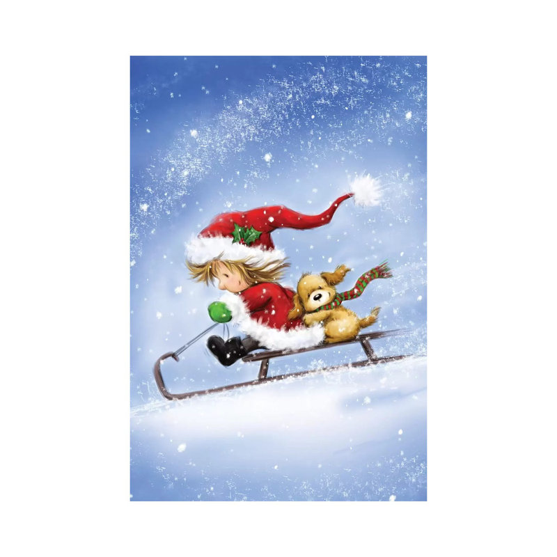 Little Girs On Sled by MAKIKO - Wrapped Canvas Print, 20.32 cm H x 30.48 cm W