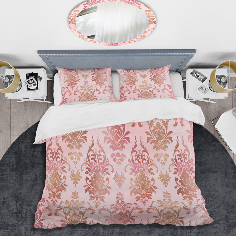 Ensemble de housse de couette Pink Gold Damask Enchantment I - Glam, Housse de couette pour grand lit + 2 taies décora