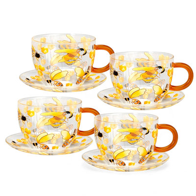 Heat-resistant Honey Bee Glass Teacup And Saucer 12 Oz (350 Ml)