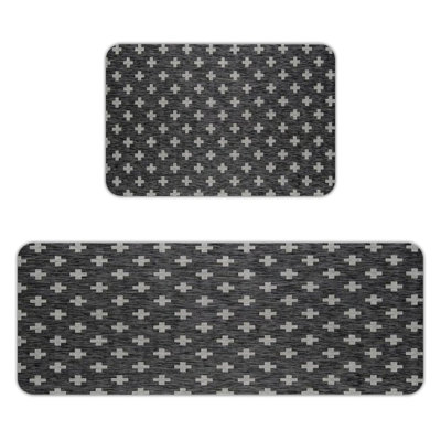 Grey Cross Plus Floor Mats, 2-Piece Anti-Slip Flannel Rugs for Kitchen & Office Use