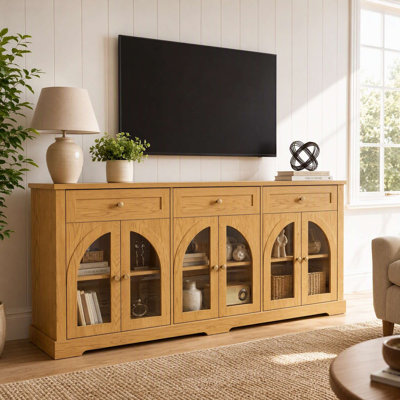 Buffet moderne de 173 cm (68 po) avec 6 portes vitrées cintrées, meuble de rangement d'appoint avec 3 tiroirs et étagères réglables pour entrée, salon, salle à manger ou meuble télé, couleur naturelle