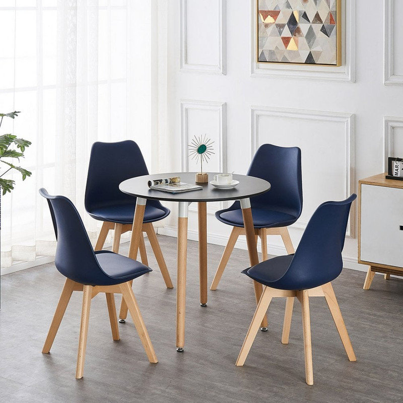 Christy 4 Person Dining set - a Round Plastic Dining Table with Wooden Legs and a Set of 4 Faux Leather Cushion Padded Dining Chairs for Dining Room - Modern Dining Table Set