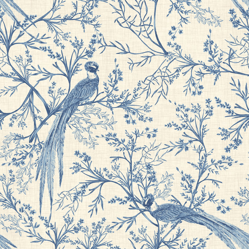 Bird Toile - Dark Denim 10m Wallpaper, Blue Floral