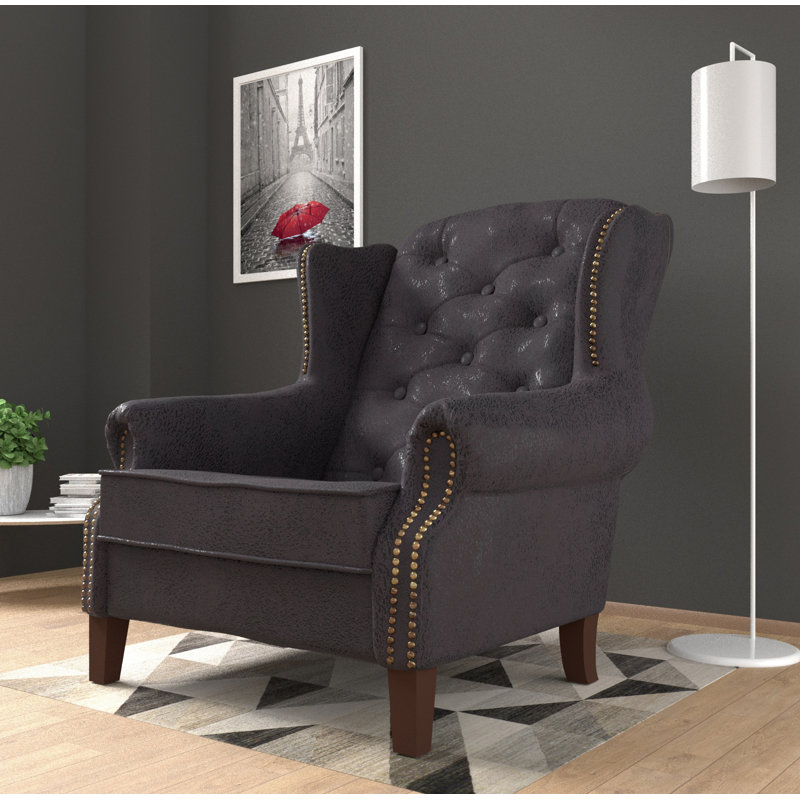 Chesterfield Wingback Armchair  with Quilting And Wooden Legs Made of Luxury Microfibre Vintage Look, Dark Grey