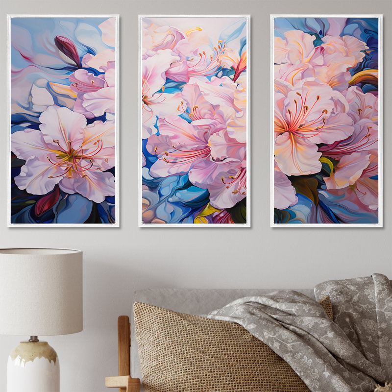 Ensemble de salon art mural rhododendron rose, H 40 po x l 60 po x P 1 po, Cadre flottant blanc
