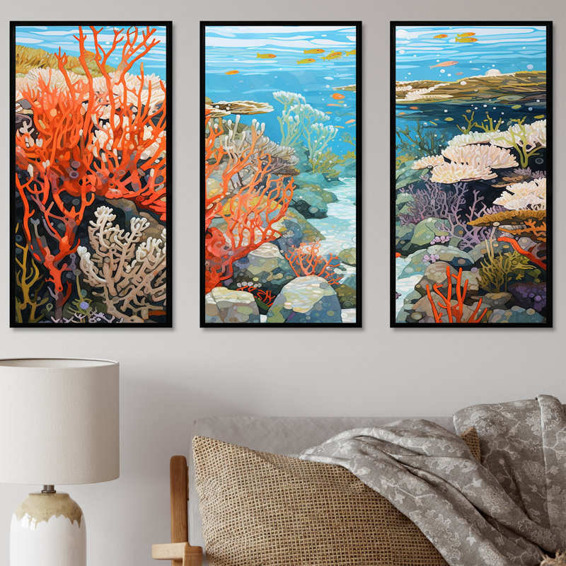 Corail et anémone III - Ensemble d'art mural corail sous l'eau, Cadre flottant noir, H 28 po x l 36 po x P 1 po