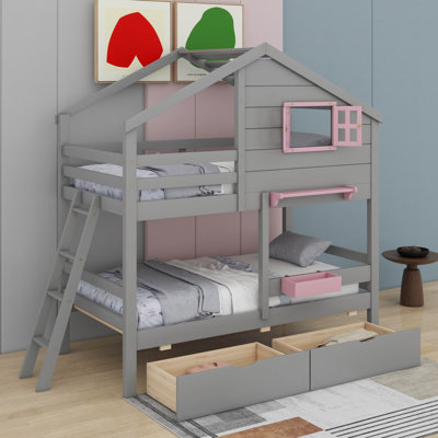 Lit superposé simple au-dessus de simple avec 2 tiroirs, 1 boîte de rangement, 1 tablette, fenêtre et toit