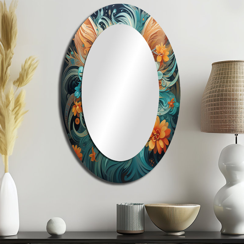 Magique chat ambré et sarcelle avec fleurs I - miroir mural ovale traditionnel, 36 po x 24 po