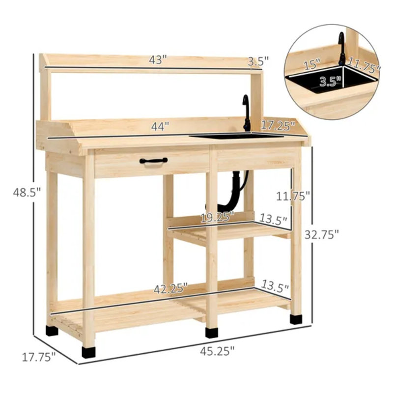 Table de rempotage, poste de travail d'extérieur en bois avec lavabo amovible, robinet, tiroir, tablettes, crochets, bois naturel