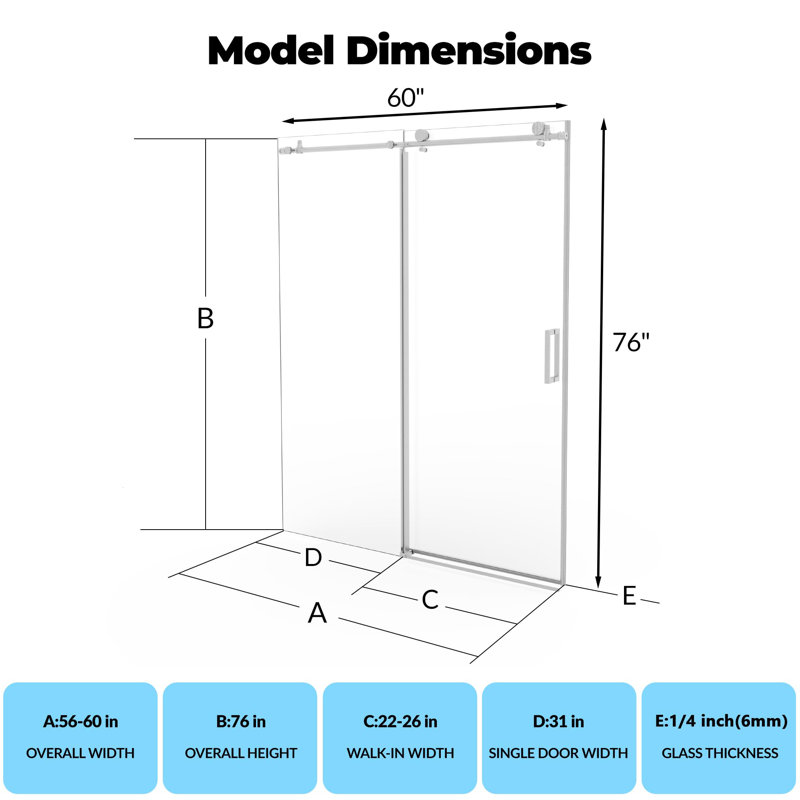 Porte de douche sans cadre de l 56 à 60 po x H 76 po, portes coulissantes doubles, verre trempé de 1/4 po (6 mm), porte de salle de bain facile à nettoyer et durable avec ensemble de quincaillerie pour les salles de bain modernes