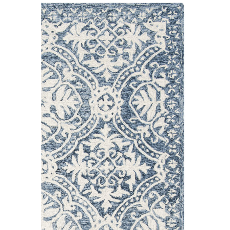 Salerna Micro-Loop Hand Tufted Wool/Cotton Damask Rug in Blue/Ivory, Rectangle 5' x 8'