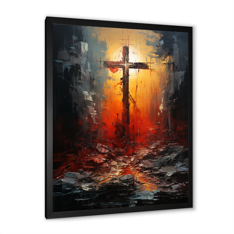 «Cross At Calvary», impression rouge sur toile - Christianisme, H 32 po x l 24 po x P 1 po, Cadre photo noir simple