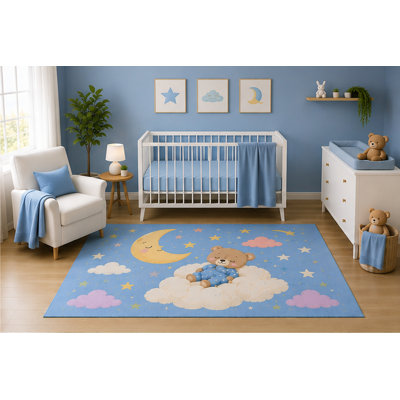"Ultra Lightweight" 5'x7' Sleeping Teddy Bear Cloud Area Rug for Nursery Room, Blue Moon and Stars Pastel Baby Boy Bedroom Decor, Non-Slip Silicone Backing Low Pile
