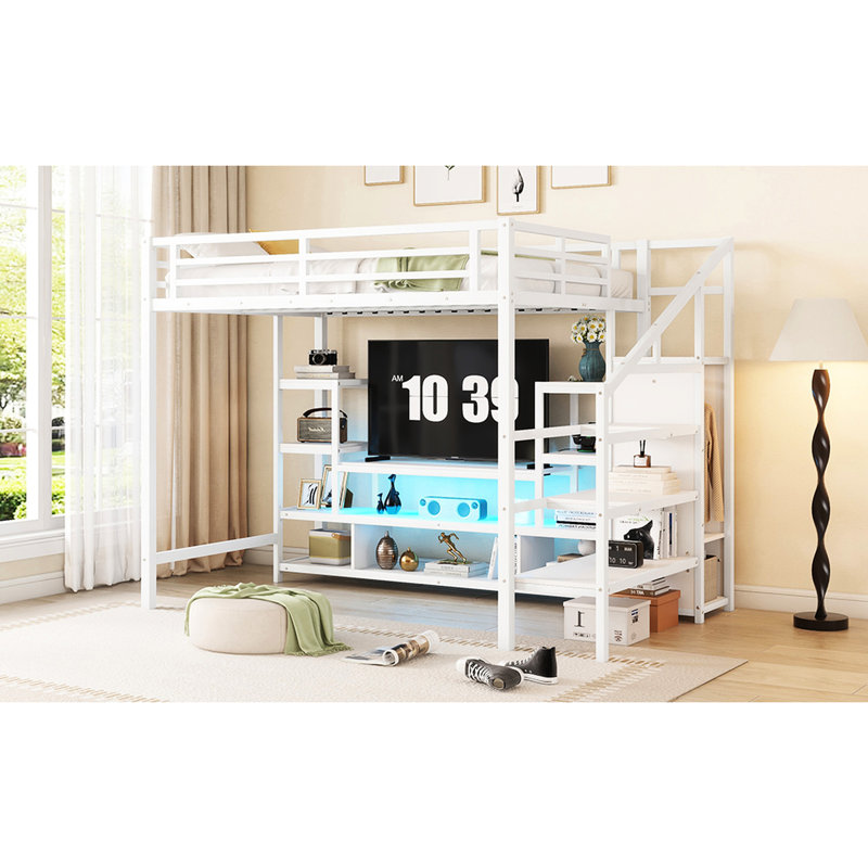 Full Size Metal Loft Bed With Tv Cabinet & Hanging Wardrobe - White Fashion Cabinet, Stairs Perfection