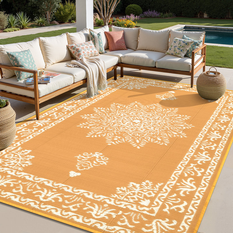 Reversible Outdoor Rug Plastic Straw Patio Rug Large Camping Mat, Rectangle 8' x 10', Orange
