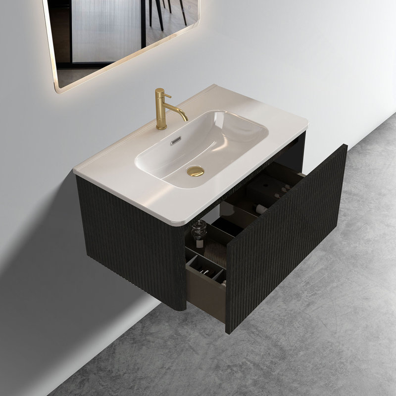 Meuble-lavabo flottant rayé en chêne noir brossé de 30 po avec lavabo en céramique blanche, meuble-lavabo pour salle de bain moderne, lavabo une pièce sans drain, pré-assemblé