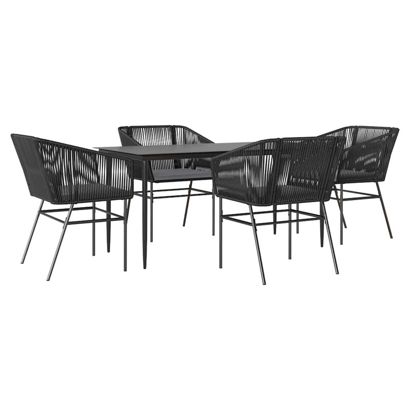 Ensemble repas de patio avec coussins en verre et poly rotin, Noir / Noir, H 29,1 po x l 31,5 po x L 63 po, 4