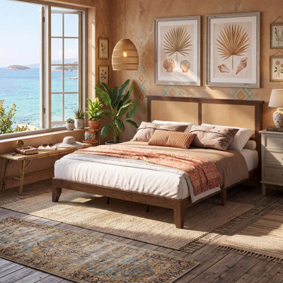 Full Size Platform Bed Frame, Modern Rattan Headboard With LED Lights, Farmhouse Noise-Free Mattress Foundation, Wood Slats, No Box Spring Needed, Brown