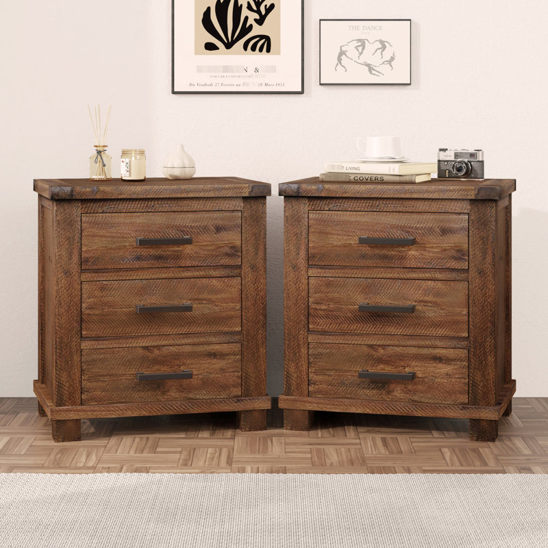 Table de chevet de chambre à coucher avec caractère rustique, 3 tiroirs, trois tiroirs en bois récupéré pour la chambre à coucher, solide