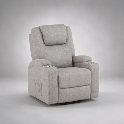 Fauteuil inclinable en chenille gris pâle avec fonction de levage électrique, massage et assise confortable à ressorts ensachés pour une relaxation optimale.