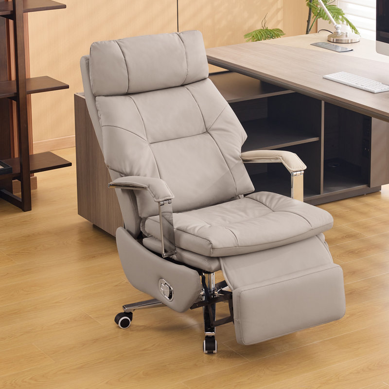 Faux Leather Office Chair with Retractable Footrest, Khaki
