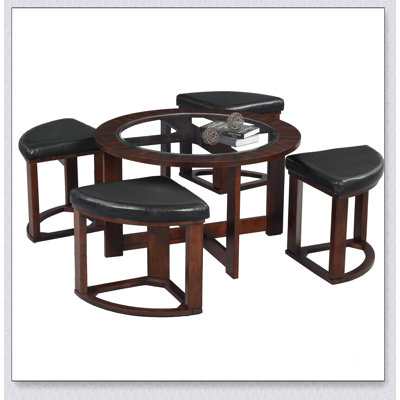 Cylina Solid Wood Glass Top Round Table Set, Coffee Table with 4 Stools