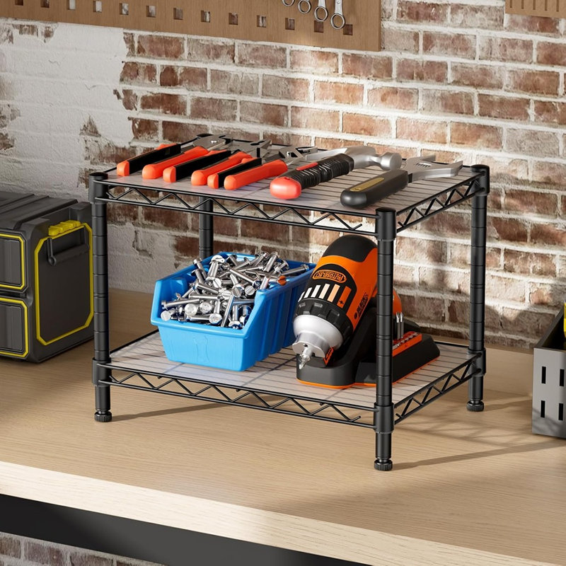 Organisateur de garde-manger à 2 niveaux avec tablettes grillagées - support de rangement réglable en métal - noir - étagère grillagée compacte
