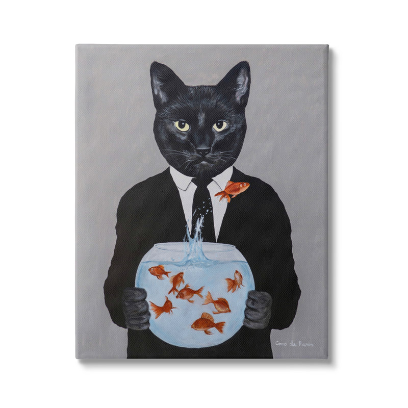 «Black Cat Fashion», costume de poisson rouge sautant, peinture par Coco de Paris - Peinture, Toile tendue