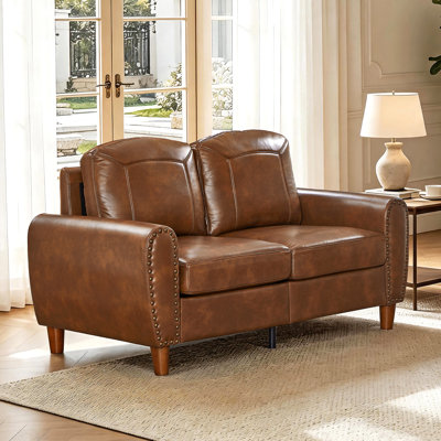 59" Classic Living Room Sofa Loveseat Faux Leather Couch,Rolled Arm Sofa with Nails,Solid Wood Legs,Upholstered Breathable PU Leather Brown.