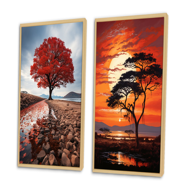 «African Tree Orange Sunset Majesty», 2 pièces, Encadrement brun, H 32 po x l 32 po