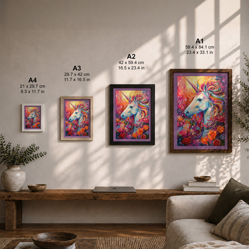 Unicorn Dreams Boho 1 Piece Single Picture Frame Wall Art, A4 - 29.7 x 21.0 cm, Oak