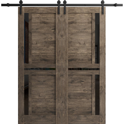 Sturdy Double Barn Door with Frosted Glass Veregio 7588 Cognac Oak 13FT Rail Hangers Heavy Set Solid Panel Interior Doors-64" x 96" (2* 32x96)-Black Rail