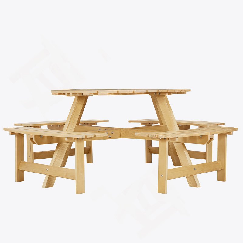8-Person Outdoor Round Picnic Table Set With 4 Built-In Benches & Umbrella Hole - Perfect For Garden, Backyard, Porch & Patio - Natural Wood