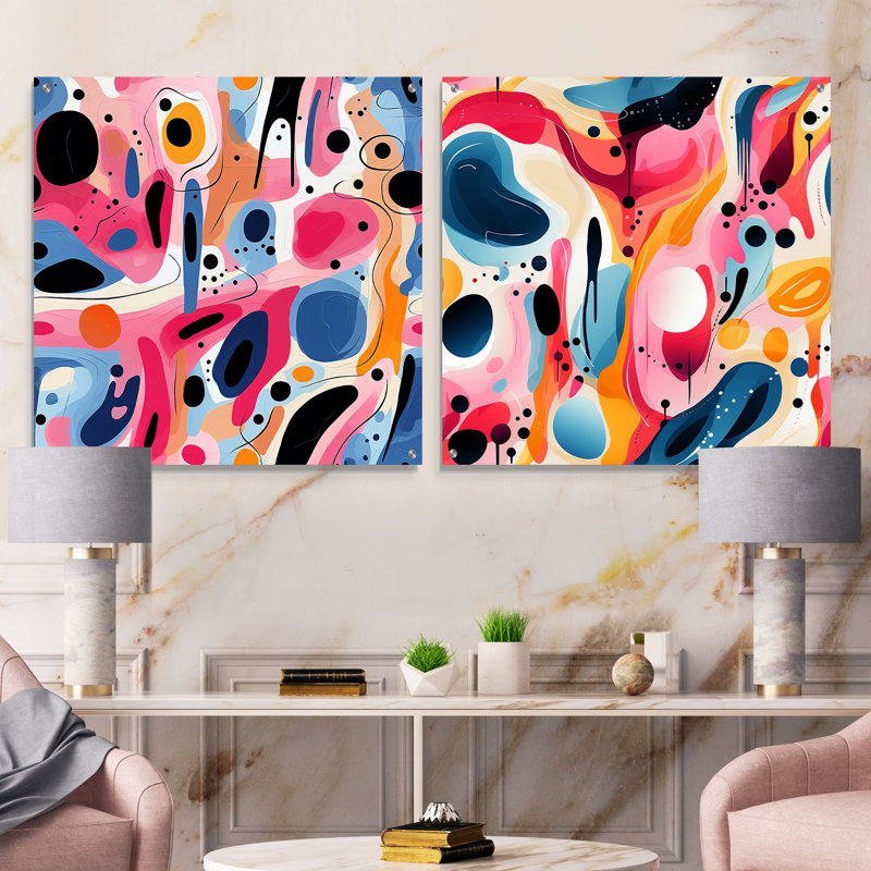 «Blue and Pink Midcentury Geometric Collage I», ensemble de 2 peintures murales abstraites en acrylique, H 16 po x l 33 po