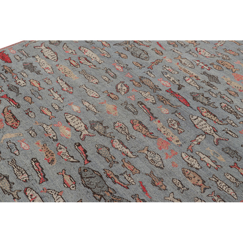 Rug & Kilim's Mid-Century Rug In Blue With Colorful Fish Pictorials, Rectangle 9' x 12'