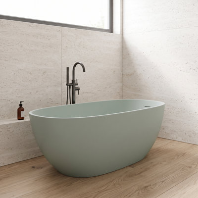 61 Inch Freestanding Bathtub Solid Surface Soaking Tub with Overflow Turquoise Green
