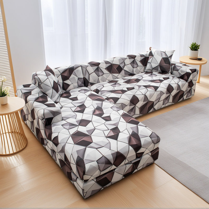 Housse pour canapé modulaire en L, housse extensible 2 pièces avec bords élastiques et 2 housses de coussin, housse de protection pour meubles imprimée