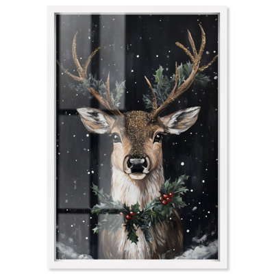 Décoration murale de Noël «Deer in Snowfall» par Art Remedy, cadre noir, 11 x 16