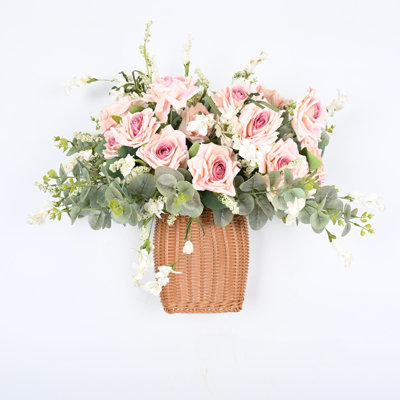 Artificial Farmhouse Rose Floral Arrangement With Basket For Front Door Wall Decor, Blossoms Cluster Berry Greenery Eucalyptus Faux Flower For Dining Table Centerpieces, Home Office Wedding Party Decor
