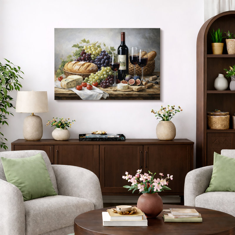 Vin et fromage, art de salle à manger élégant, impression sur toile encadrée, H 16 po x l 24 po x P 1,5 po, Toile tendue