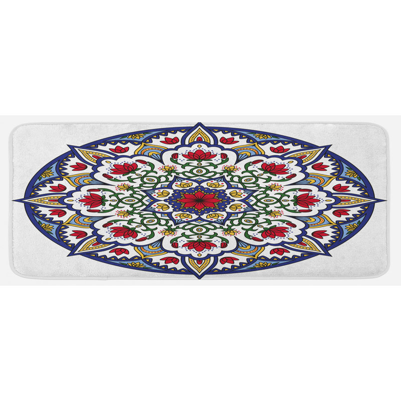 Tapis de cuisine circulaire vert ruby bleu à kaléidoscopique mandala lotus fleurs