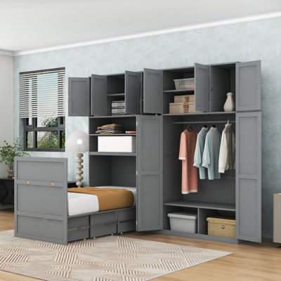 Lit escamotable simple avec tablettes de rangement, éclairage DEL et garde-robe