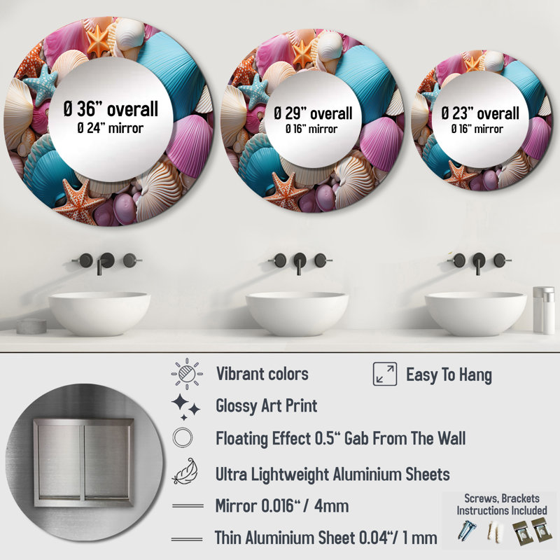 Beach Photo Seashell Beauty VI - Coastal Large Wall Mirror, Purple Round Decorative Mirror, Printed Metal Art, 29" x 29"