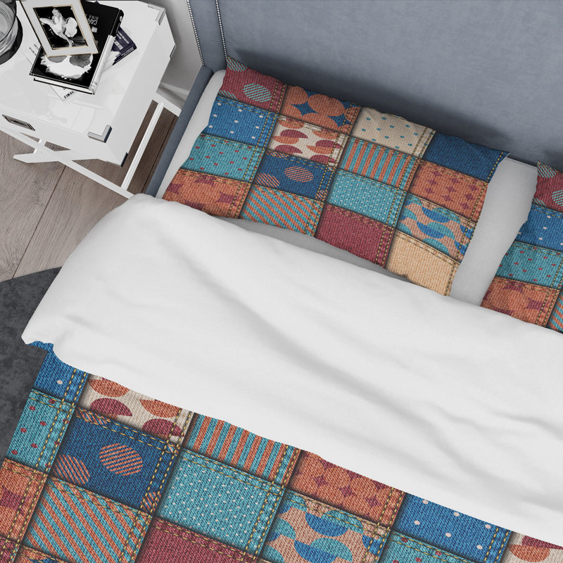 Multicolor Denim Patchwork - Abstract Duvet Cover Set - Microfiber Polyester, Queen Duvet Cover + 2 Standard Shams