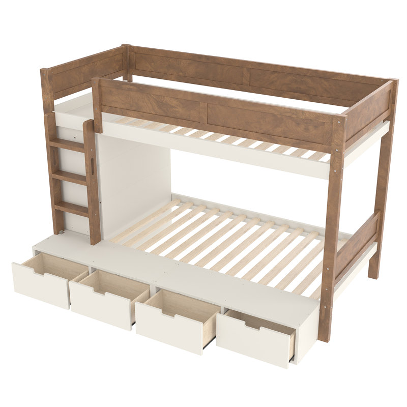 Beige Natural Twin Bunk Bed with Wardrobe & Drawers, Solid Wood Space Saving Design, Beige/Natural