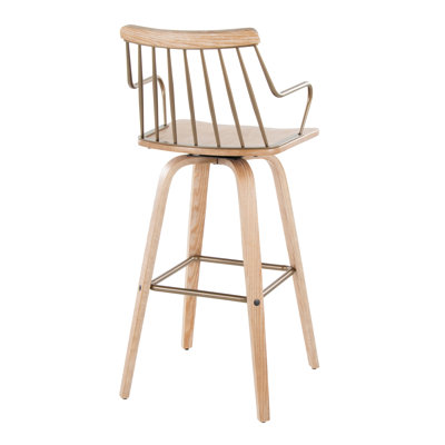 Tabouret de bar à hauteur fixe avec pivot en bois blanchi et métal cuivre antique avec repose-pieds carré en métal cuivre antique